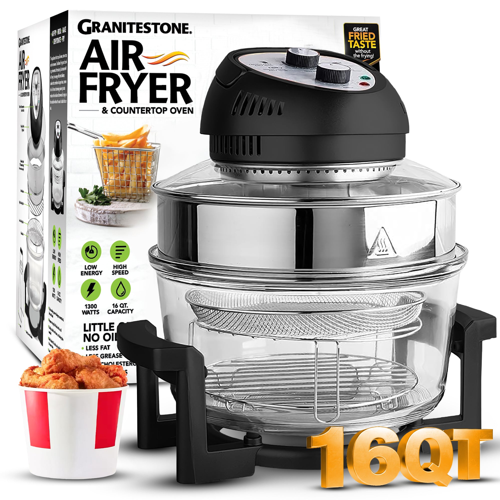 Granitestone Glass Air Fryer XL - Healthier, Crispier Cooking - 16 Quart Extra Large Oil-Less Convection Oven