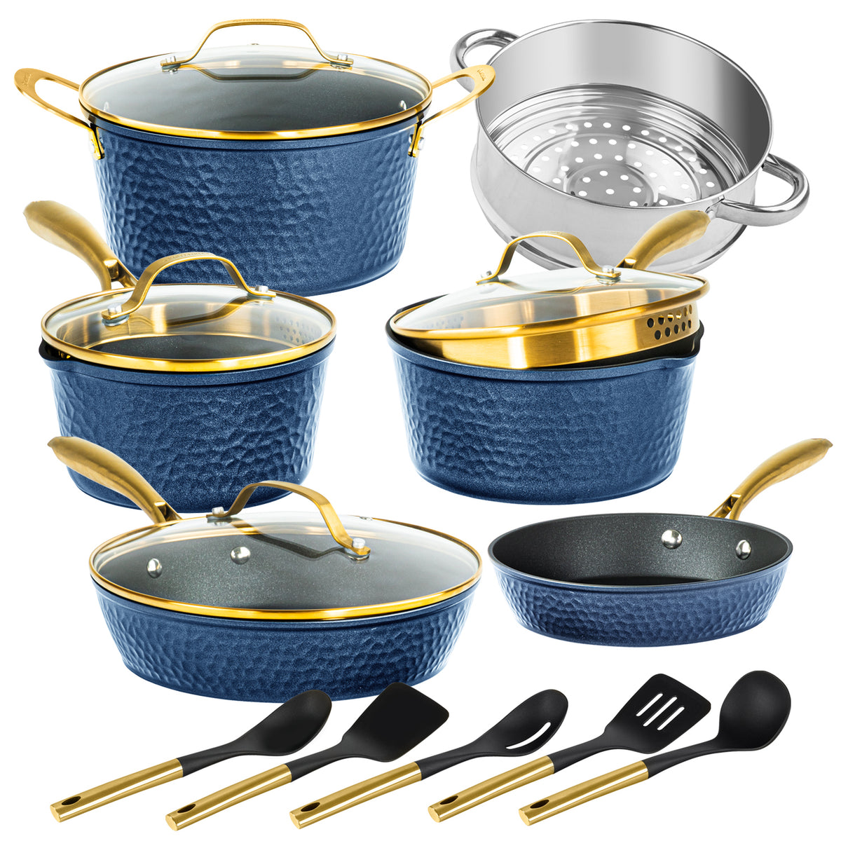 Navy Blue Pots and Pans Set Nonstick - 15 Piece Luxe Gold Pots and