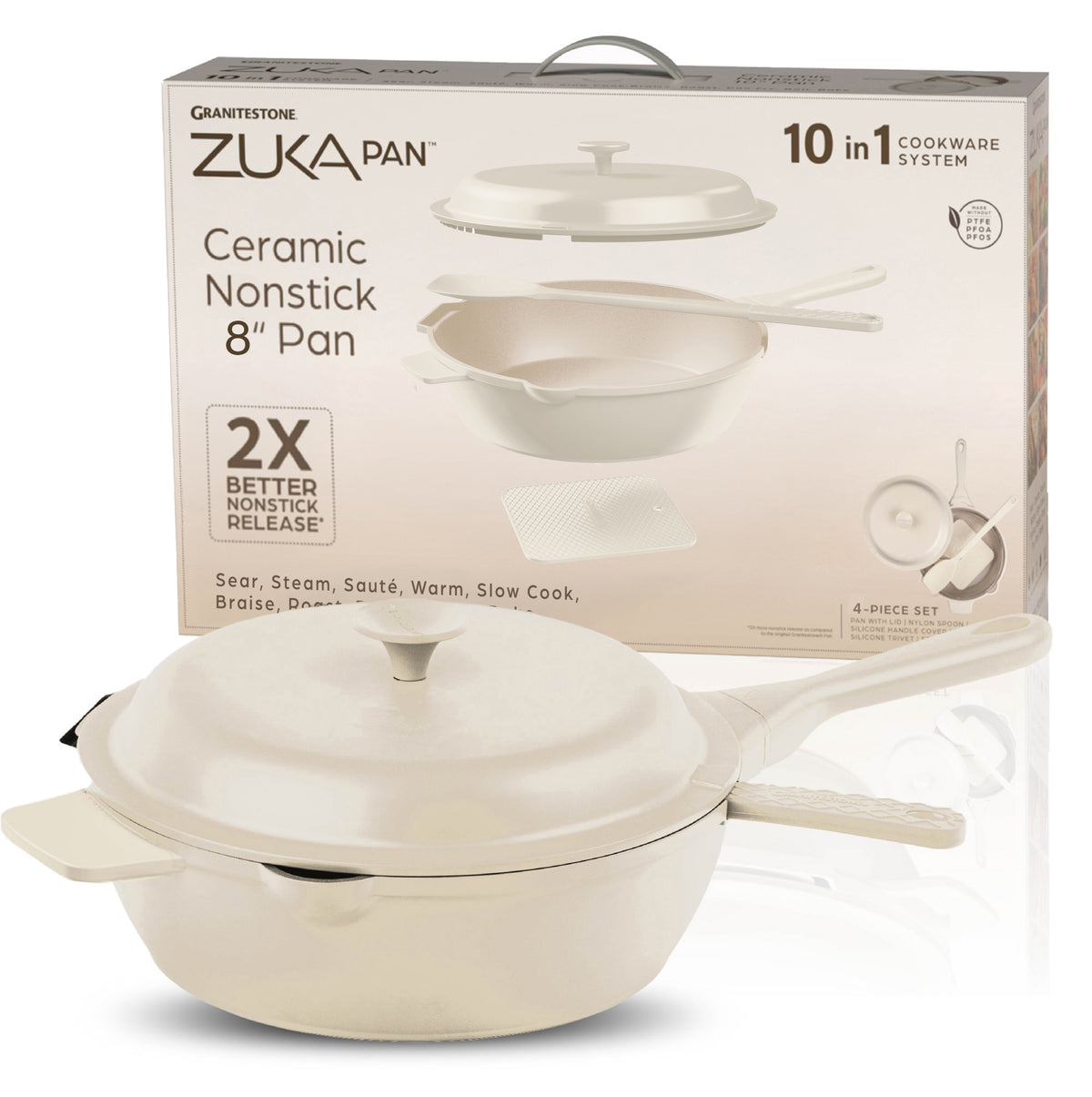 Granitestone 8" Zuka Pan – 4-Piece Multi-Functional Everyday Pan Set with Lid, & Nylon Spoon