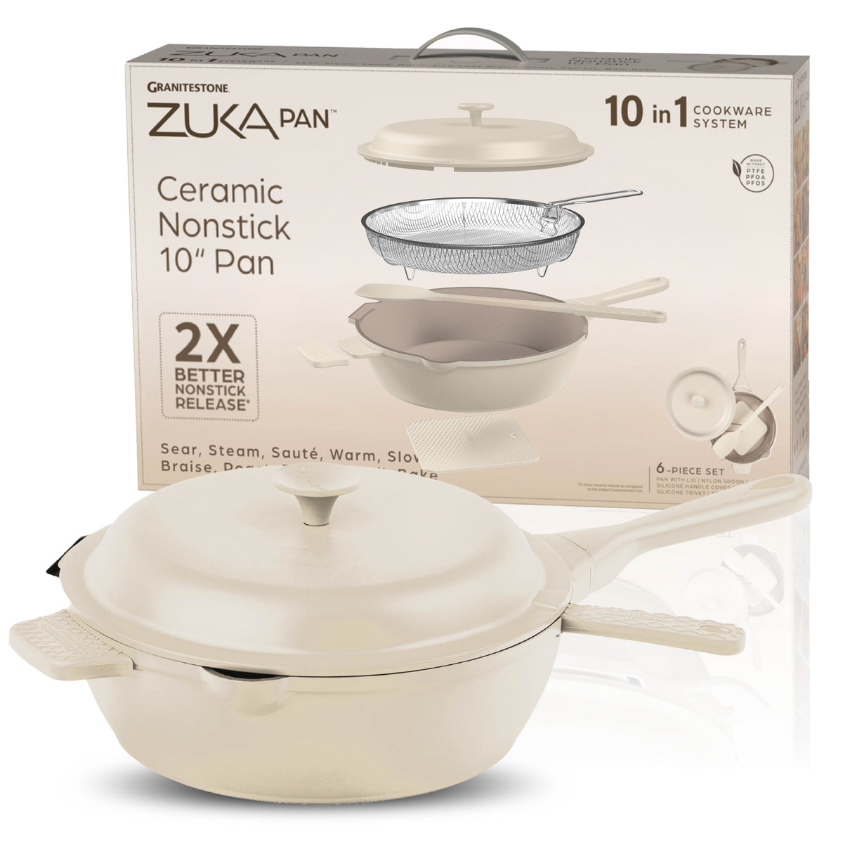 Granitestone 10" Zuka Pan – 6-Piece Multi-Functional Everyday Pan Set with Lid, Nylon Spoon & Steamer Basket