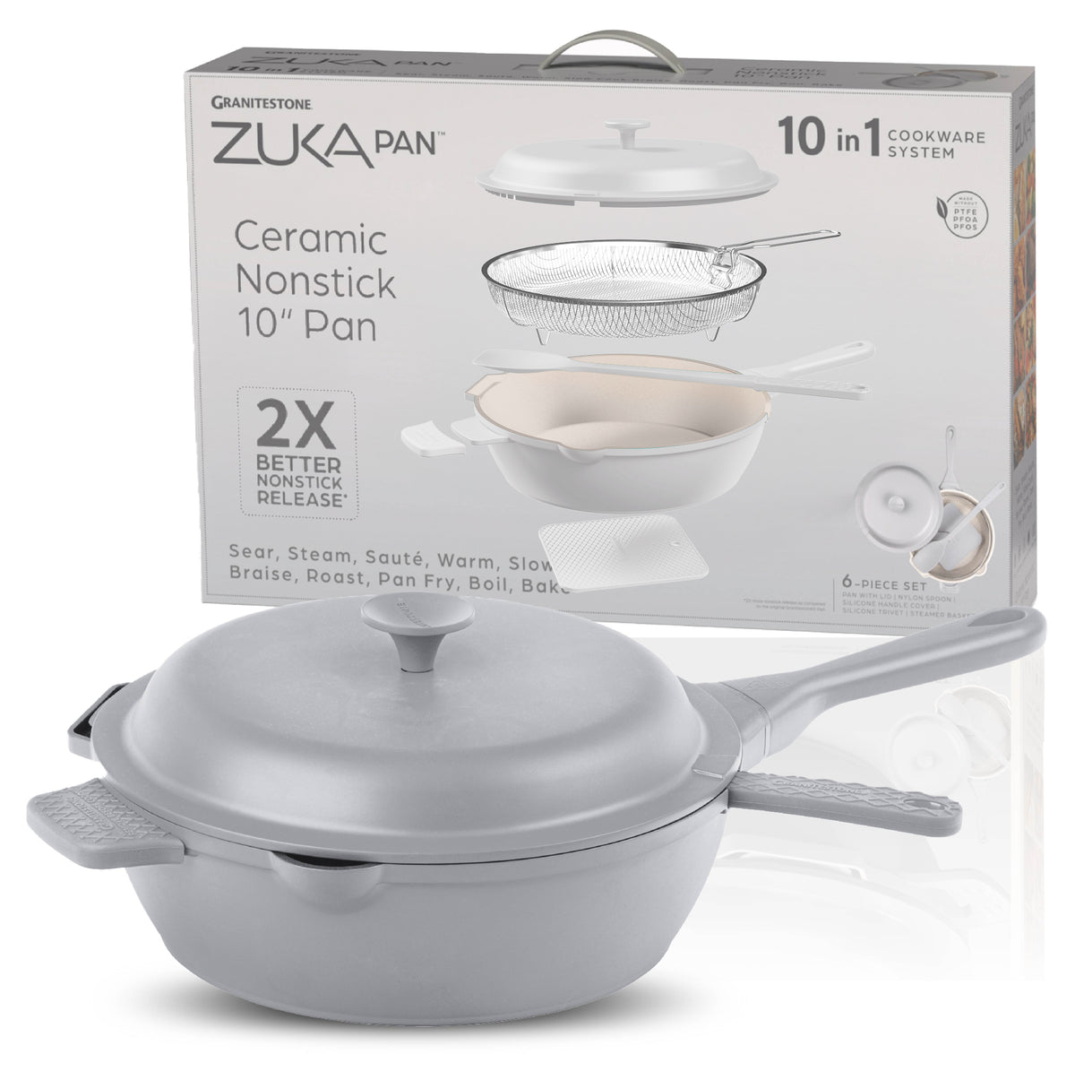 Granitestone 10" Zuka Pan – 6-Piece Multi-Functional Everyday Pan Set with Lid, Nylon Spoon & Steamer Basket