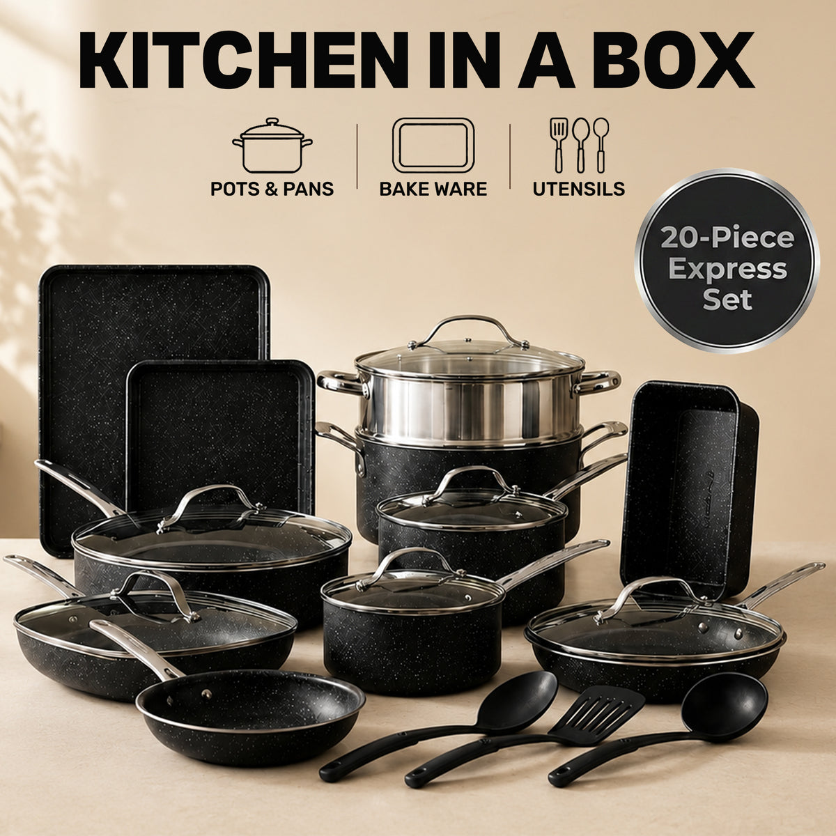 20-Piece EXPRESS SET, Ceramic Nonstick Pots and Pan Set, Bakeware, Utensils, Frying Pan, Stock Pot, Steamer, Stainless Steel Handles