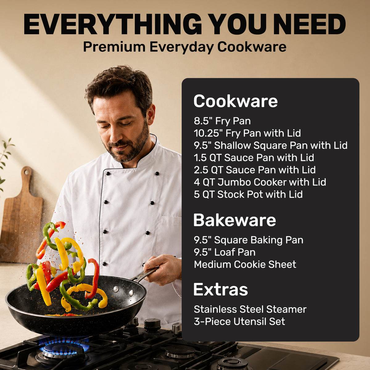 20-Piece EXPRESS SET, Ceramic Nonstick Pots and Pan Set, Bakeware, Utensils, Frying Pan, Stock Pot, Steamer, Stainless Steel Handles