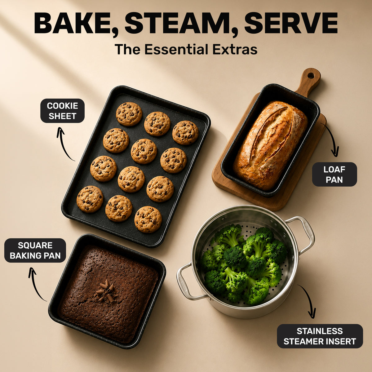 20-Piece EXPRESS SET, Ceramic Nonstick Pots and Pan Set, Bakeware, Utensils, Frying Pan, Stock Pot, Steamer, Stainless Steel Handles