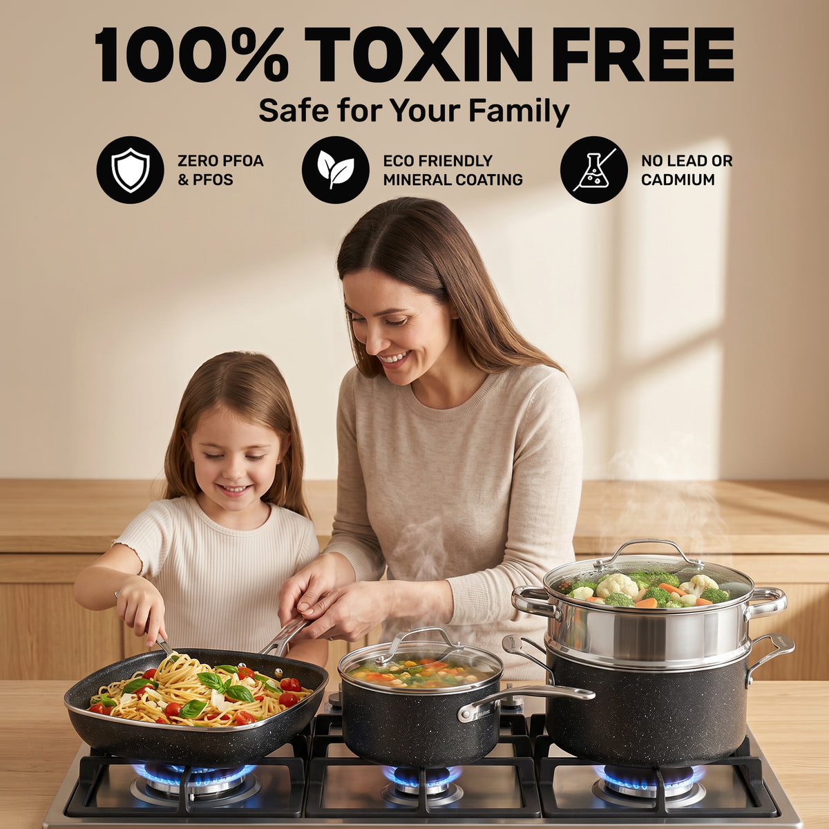 20-Piece EXPRESS SET, Ceramic Nonstick Pots and Pan Set, Bakeware, Utensils, Frying Pan, Stock Pot, Steamer, Stainless Steel Handles