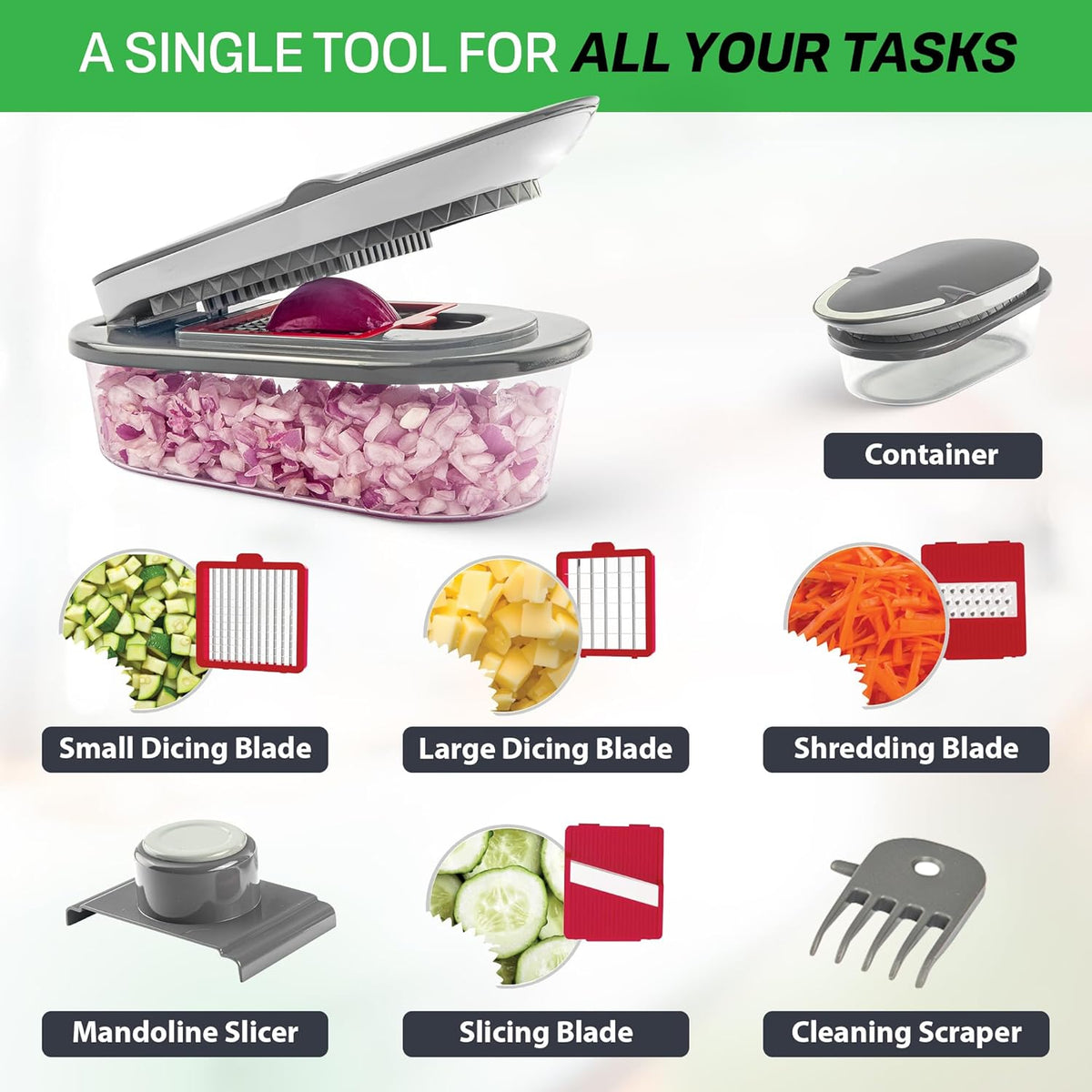 Chopzilla All-in-1 Vegetable Chopper & Mandoline Slicer with Container, 4 Blades & Scraper – Sharp Veggie Cutter, Salad Dicer & Food Chopper