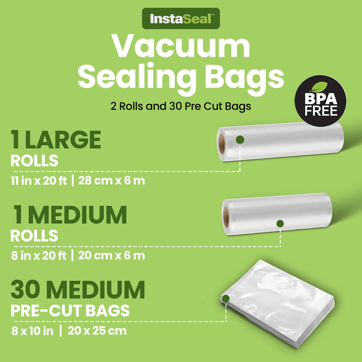 InstaSeal Vacuum Sealing Bags – Replacement Rolls & Pre-Cut Bags for Food Storage