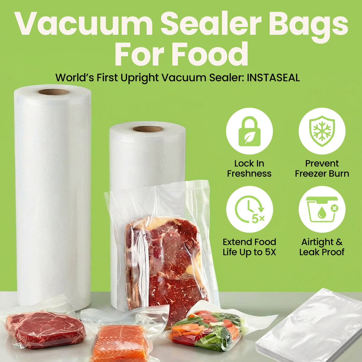 InstaSeal Vacuum Sealing Bags – Replacement Rolls & Pre-Cut Bags for Food Storage