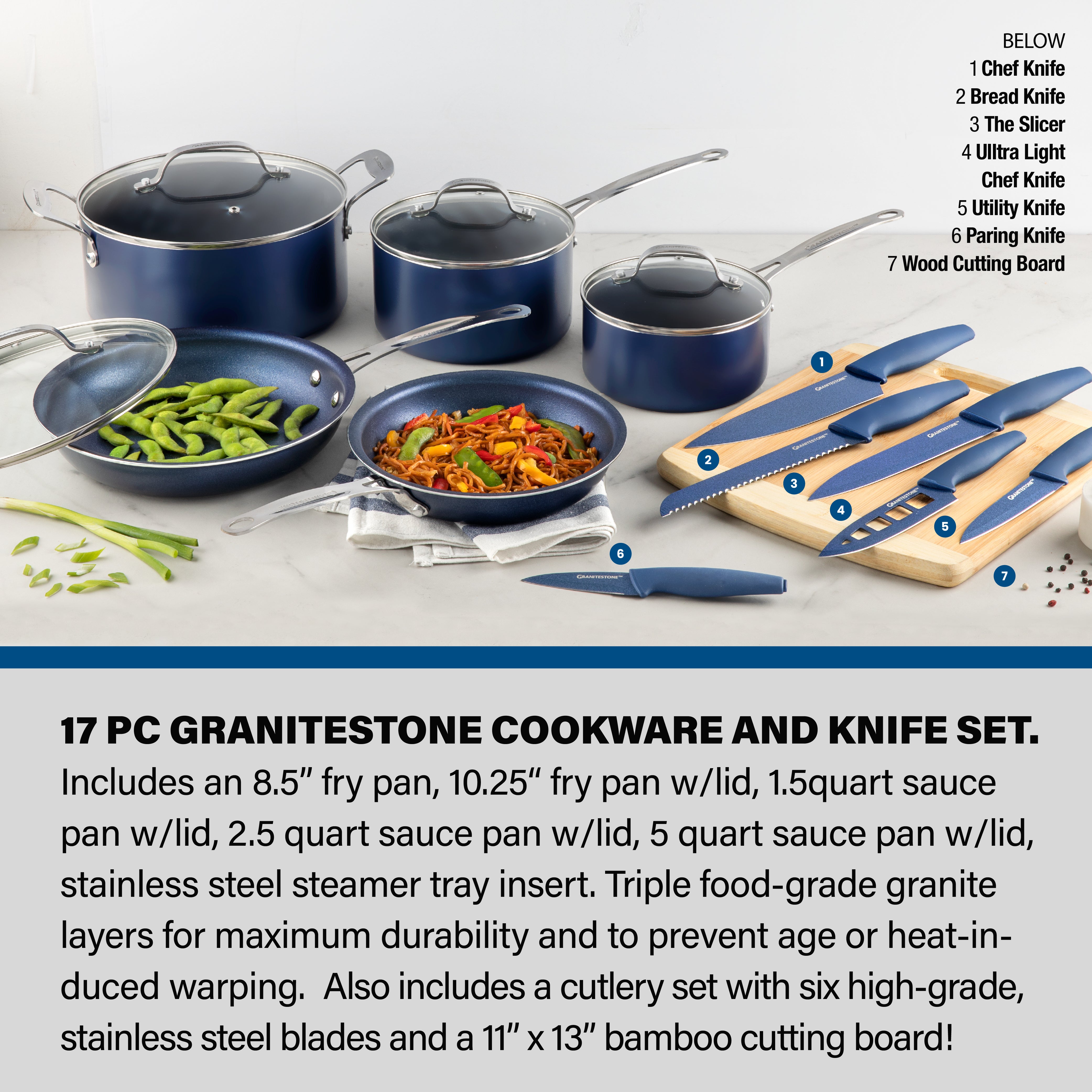 Granitestone 17 Piece Black Cookware Set Including Knife Set And