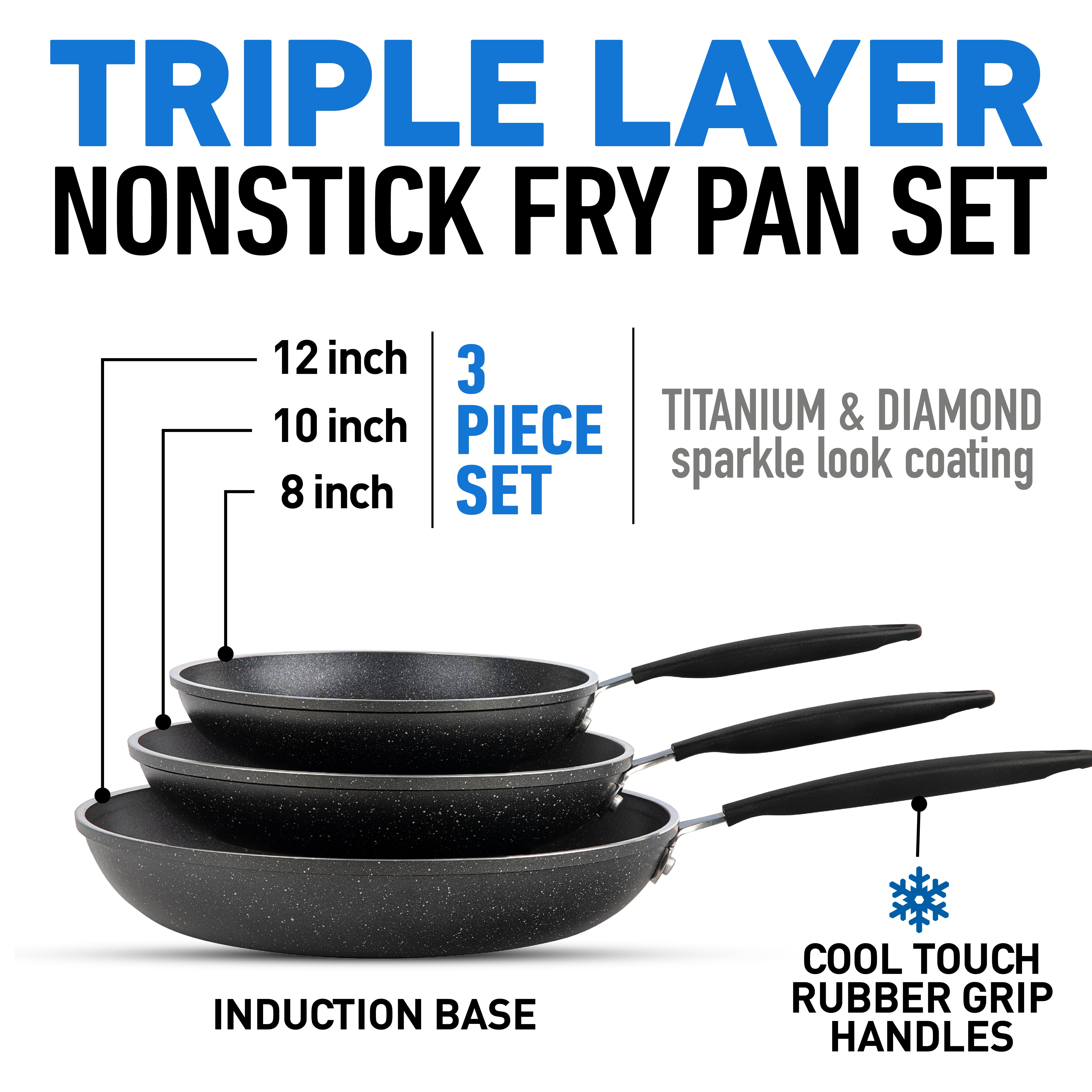 Granitestone Pro Hard Anodized Nonstick 3 Pack Fry Pan Set - 8'' 10'' &  12