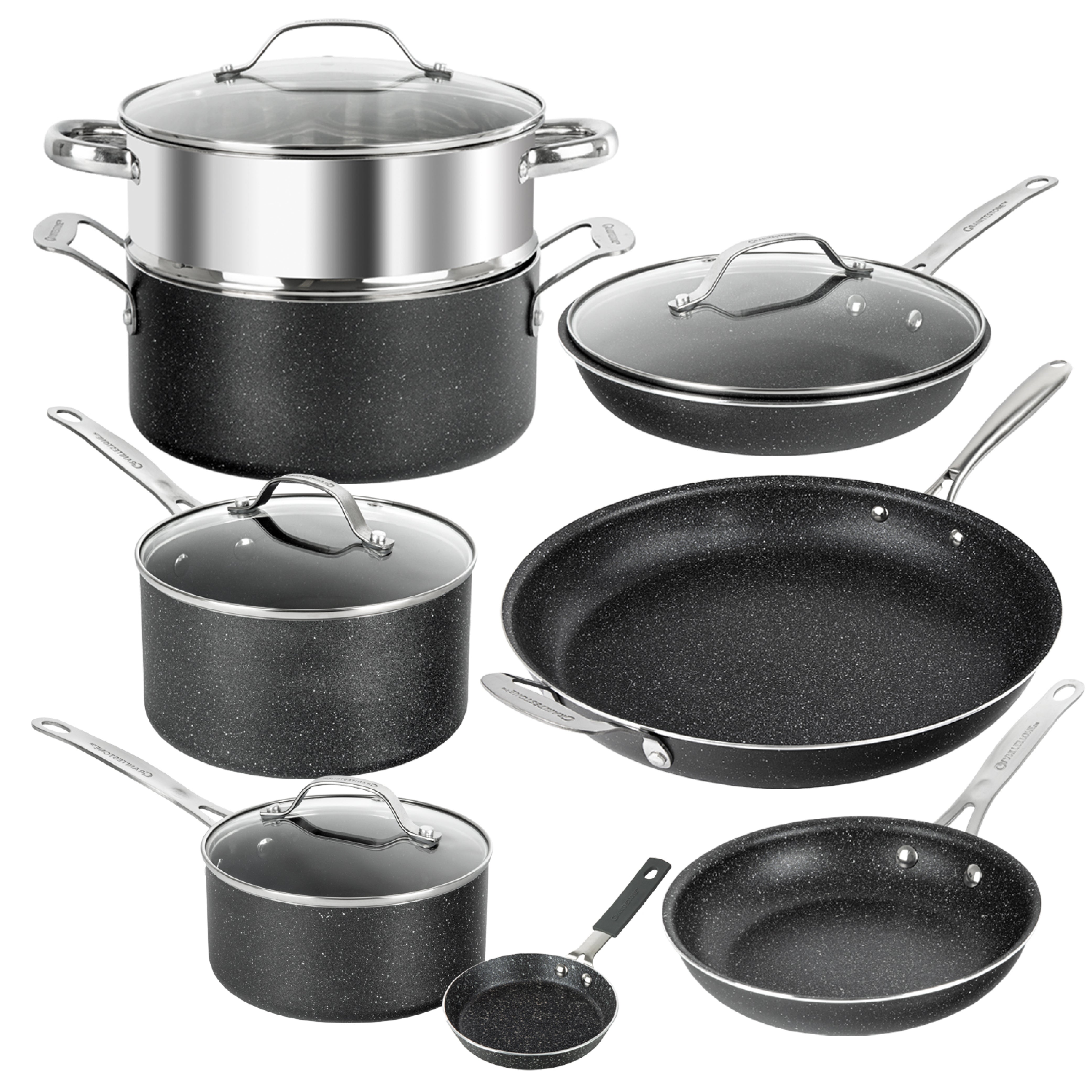 MF Studio 12 Pieces Cookware Set Granite Nonstick Pots and Pans Dishwasher Safe Black