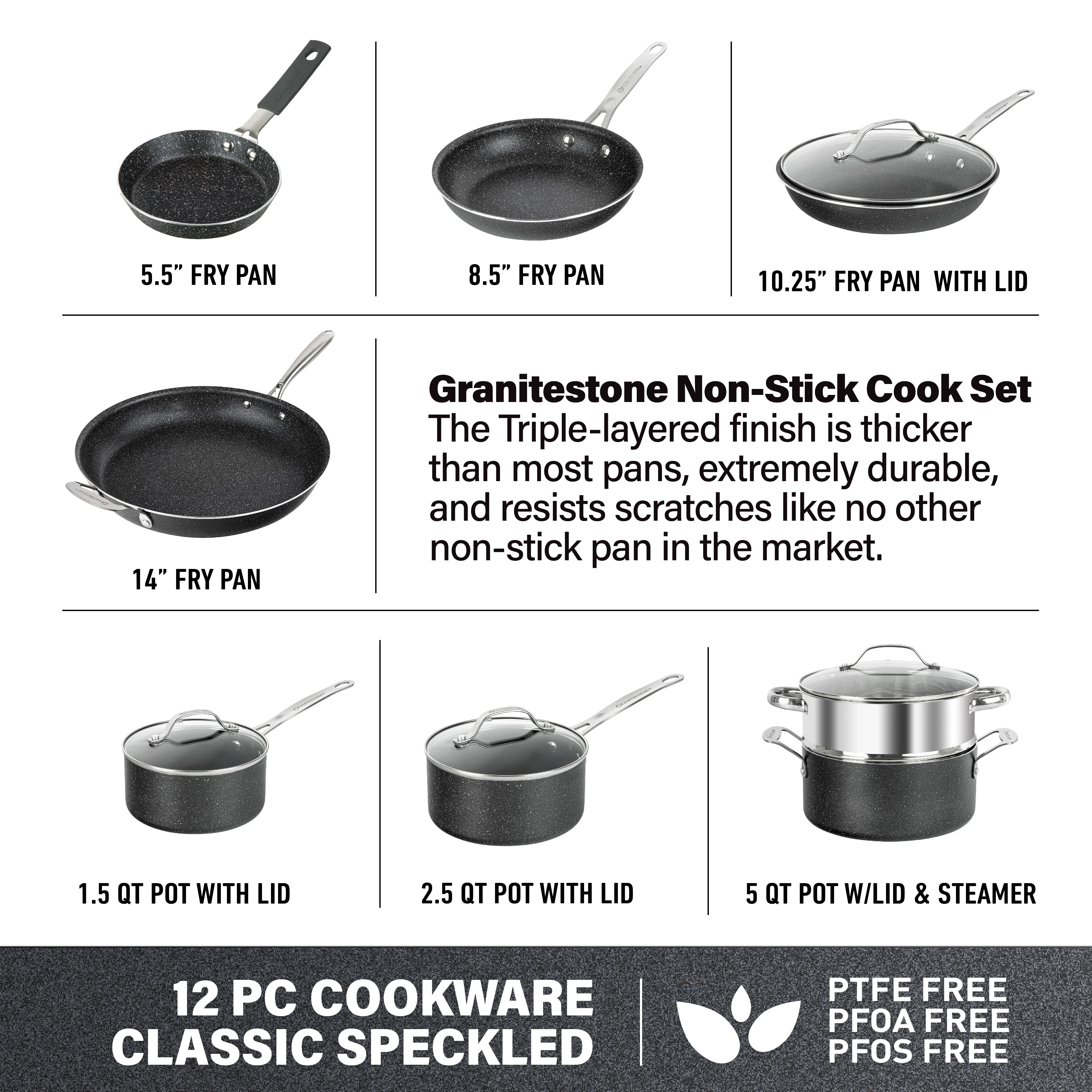 Granitestone 12 Piece All-Sizes Cookware Set - Includes 14 Family Pan –