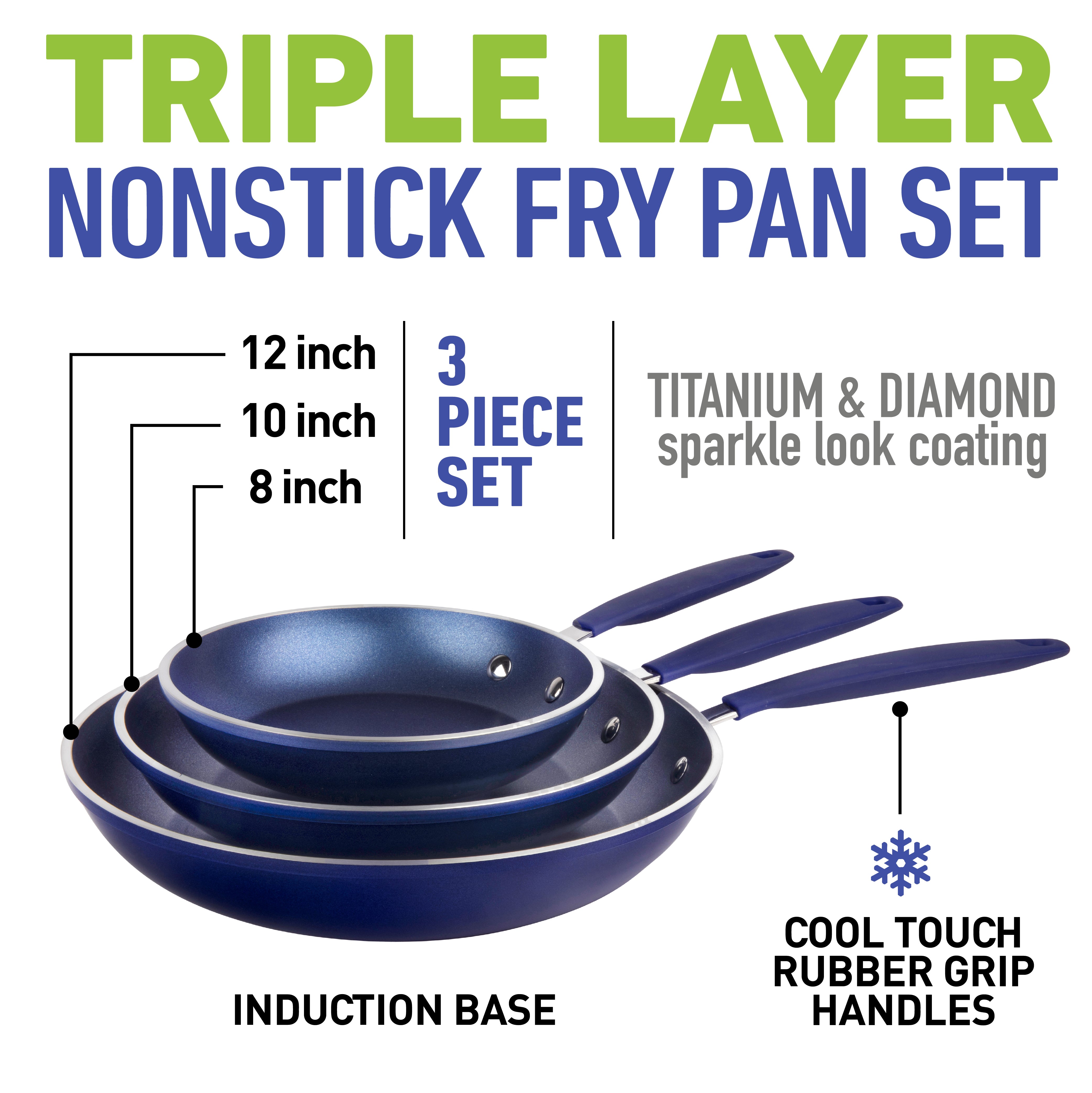 Granitestone 3 Pack Nonstick Fry Pan Set With Rubber Grib Handle - 8'' 10''  And 12'' : Target