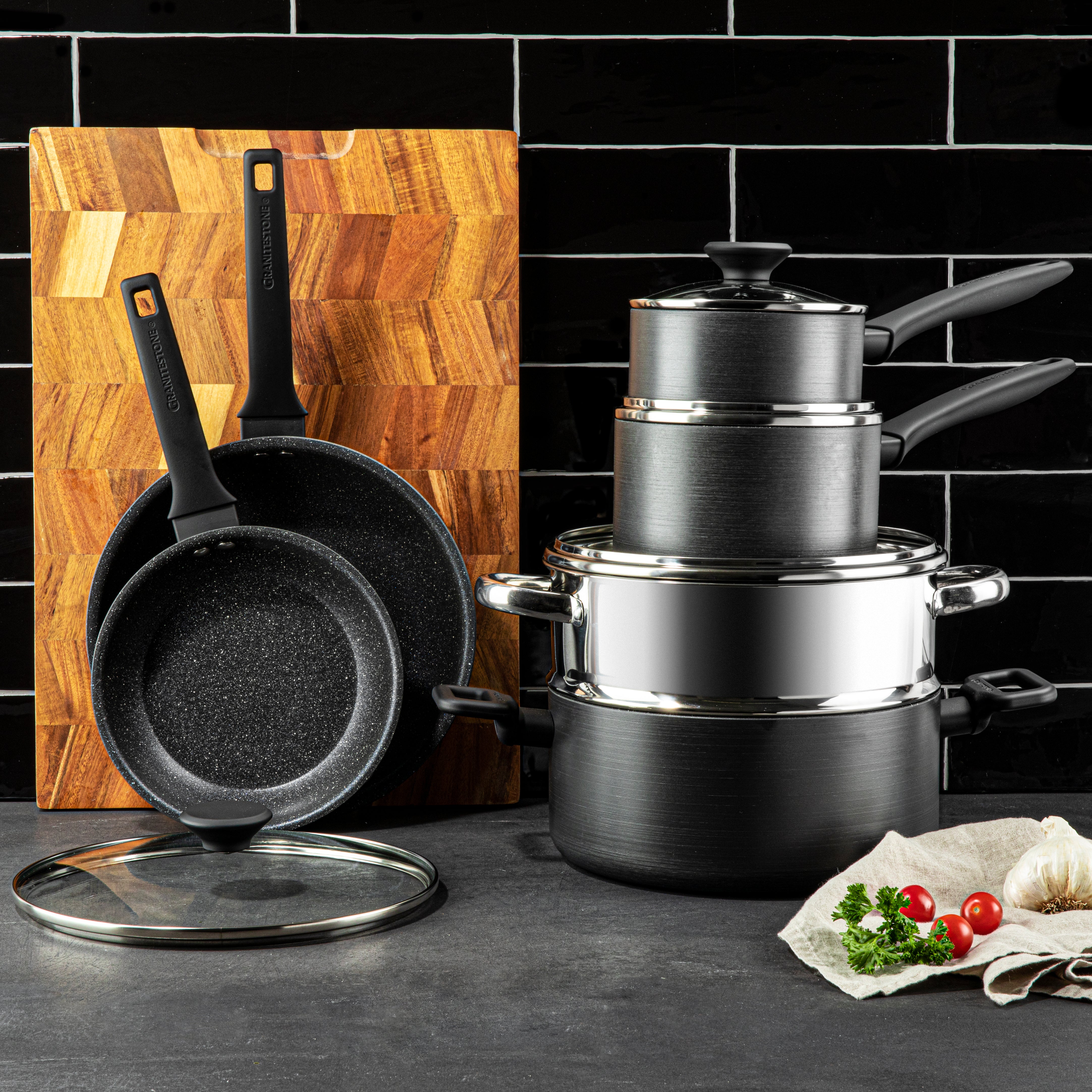 17-Piece Kitchen Granite Cookware Set, Non-Stick Cooking Pots and Pans Set - Black