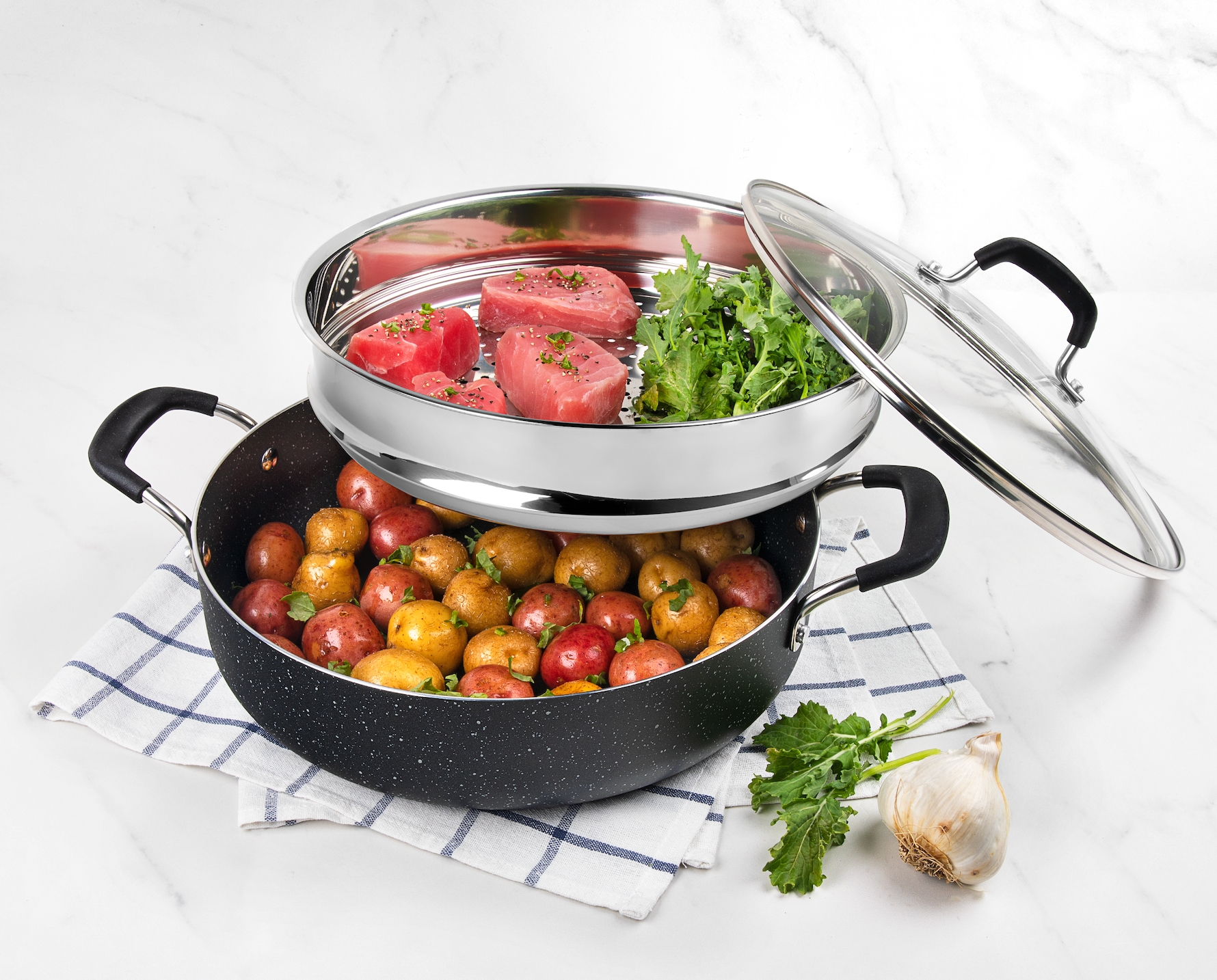 Granitestone Steam Pot for Cooking, Nonstick 2 Tier Steamer Pot for Cooking  & Vegetable Steamer, 3 Piece Steaming Pot Set with 5.5 Quart Stock