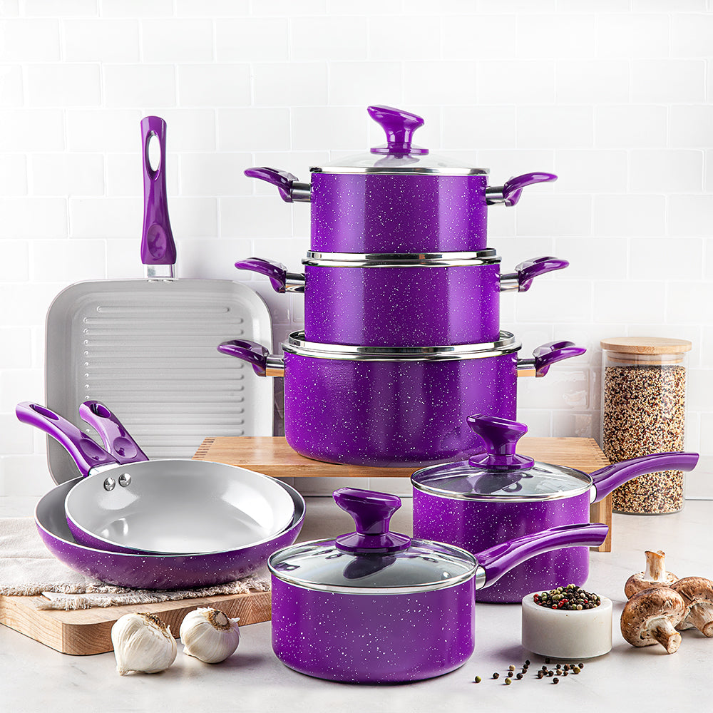 Assos Elita 7 Piece Purple Granite Cookware Frying Pan Takımı home