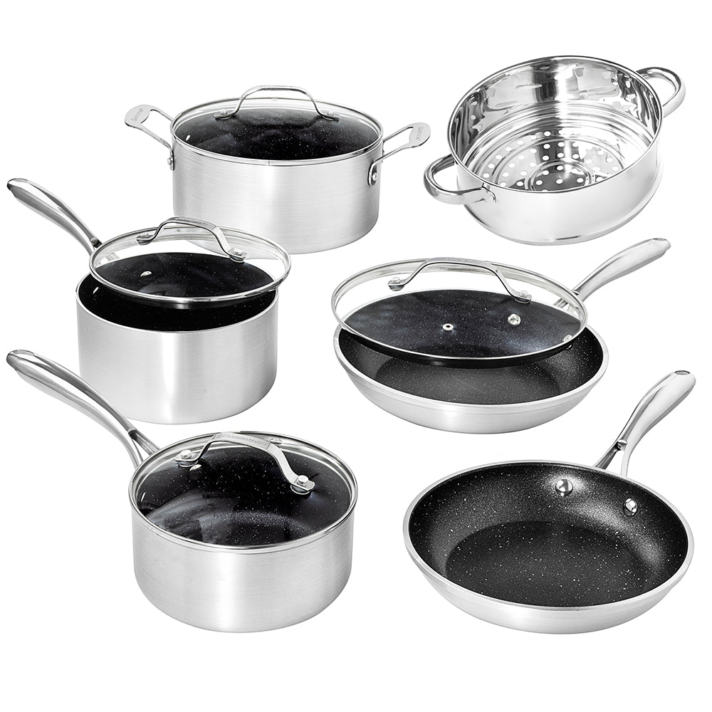  Non-stick Cookware Set 10 PCS, Kitchen Essential Cookware Sets  with Grill Pan, Dishwasher Safe, Black Granite Nonstick Pots and Pans Set  for All Stoves Includes Induction, Gas, Electric, By Sakuchi: Home & Kitchen