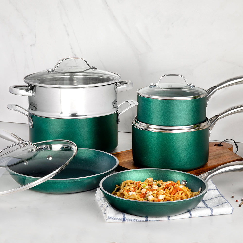 10-Piece Homestead Aluminum Cookware Set with Metallic Accents