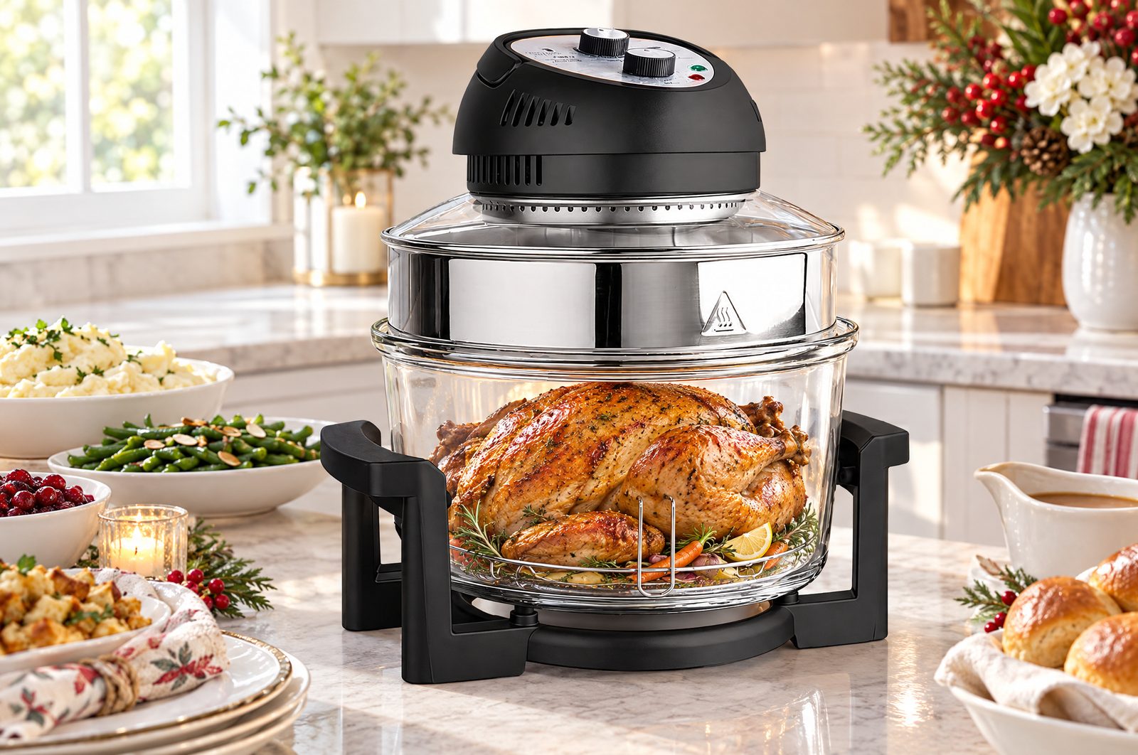 A whole roasted turkey inside the air fryer