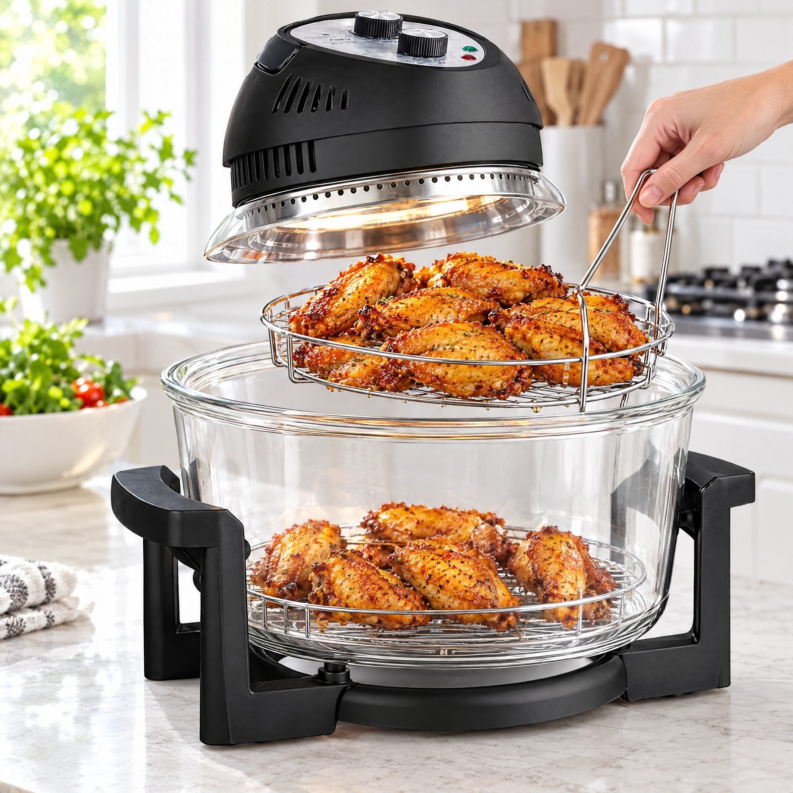 Lifting out a rack of crispy wings