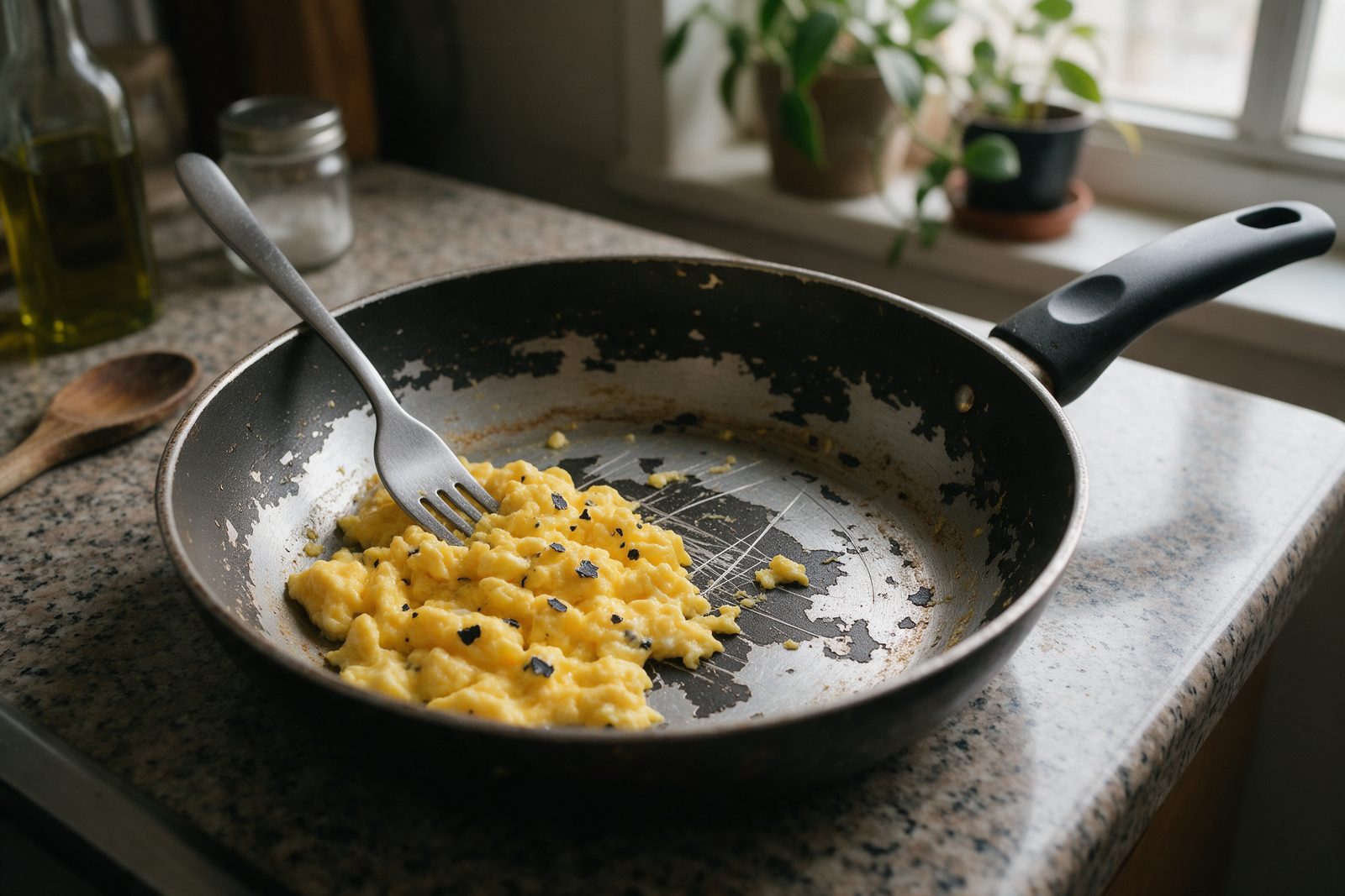 A cheap nonstick pan with its coating flaking off