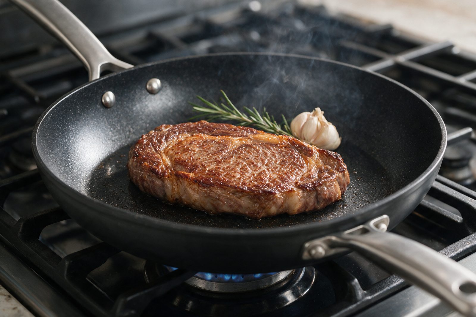 A ribeye searing in an Armor Max fry pan