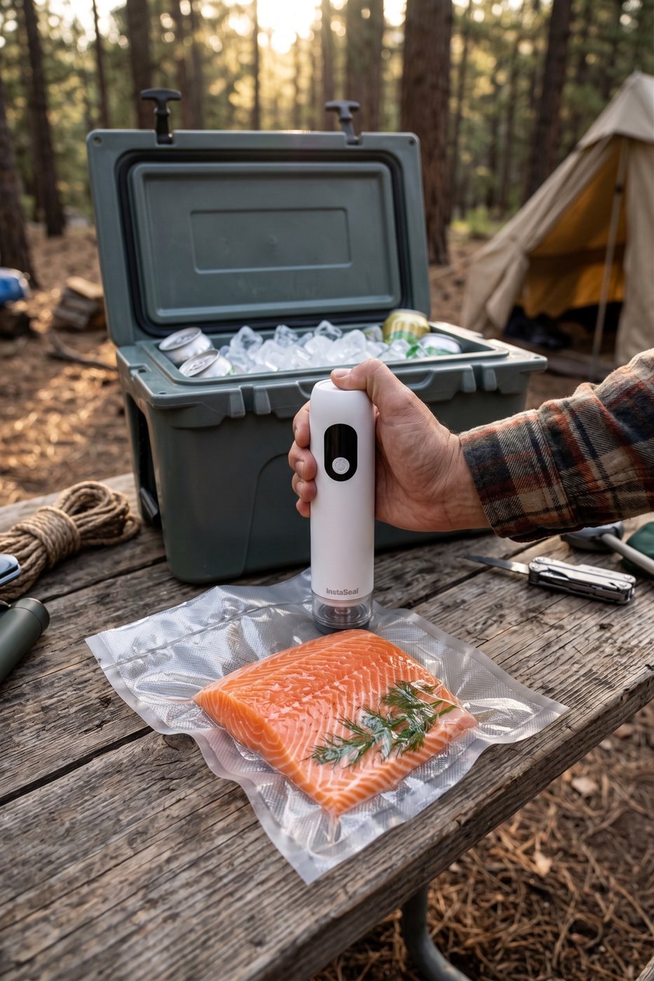 Sealing salmon at a campsite