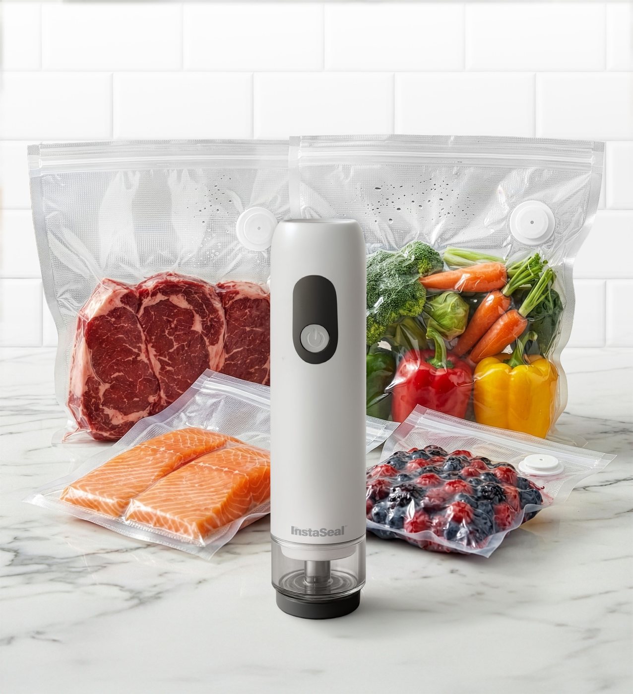InstaSeal Hybrid with sealed steak, salmon, berries and vegetables