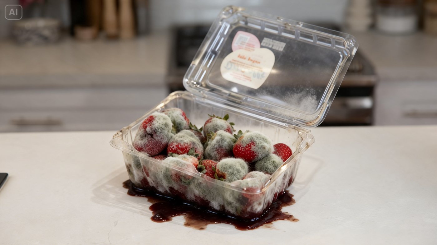 Moldy strawberries in a plastic clamshell