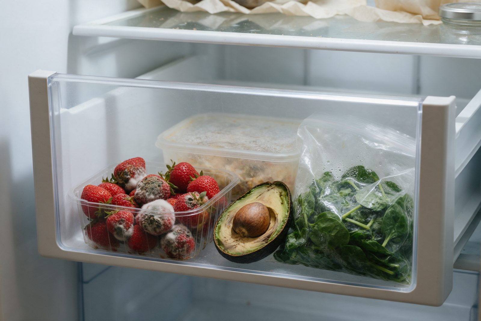 Spoiled produce in a refrigerator drawer
