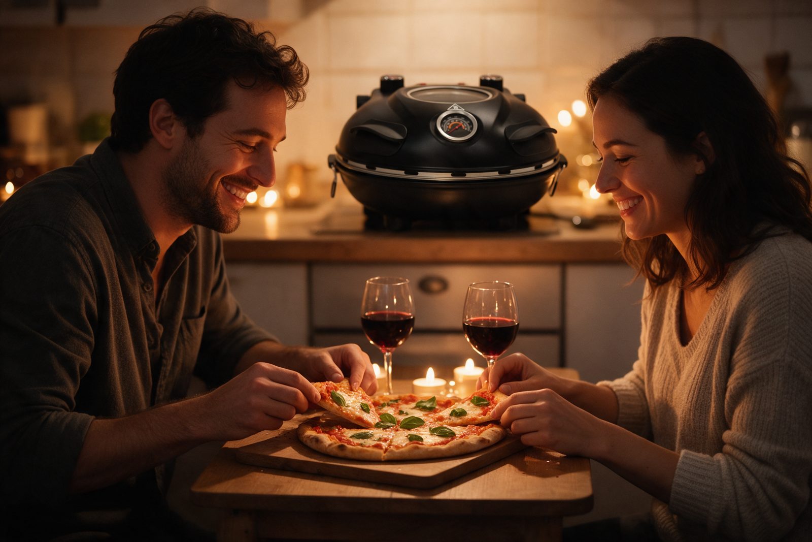 A couple sharing pizza and wine