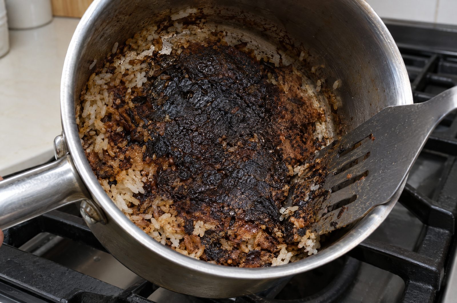 Rice burnt onto the bottom of a saucepan