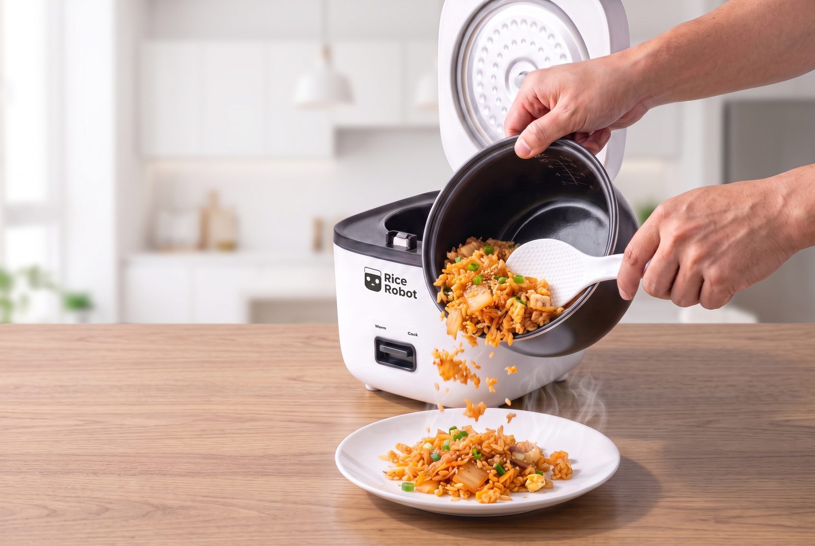 Rice sliding cleanly out of the ceramic pot