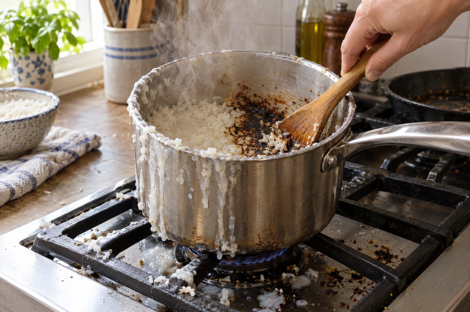 A stovetop pot of rice boiling over