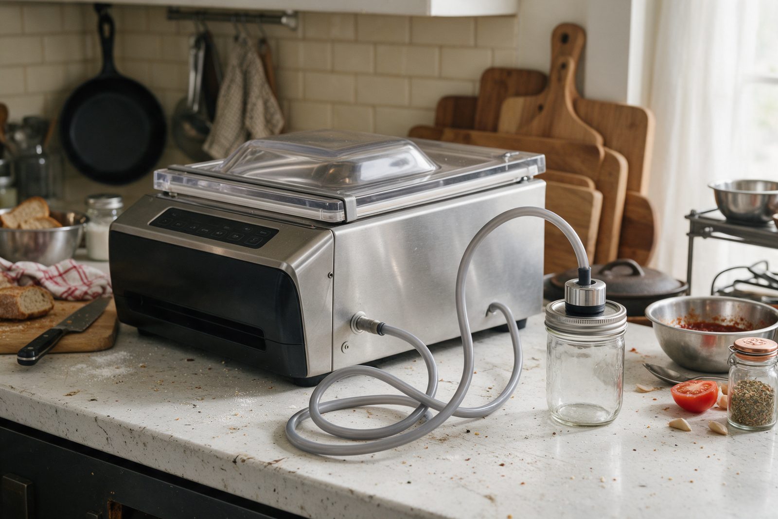 A countertop sealer with a hose attachment for jars