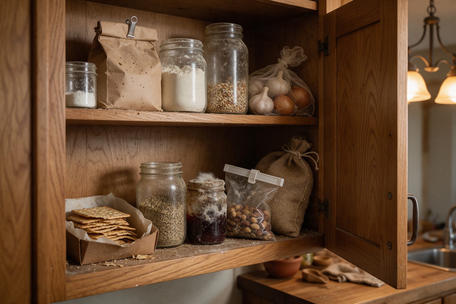 Stale and spoiled food in pantry jars